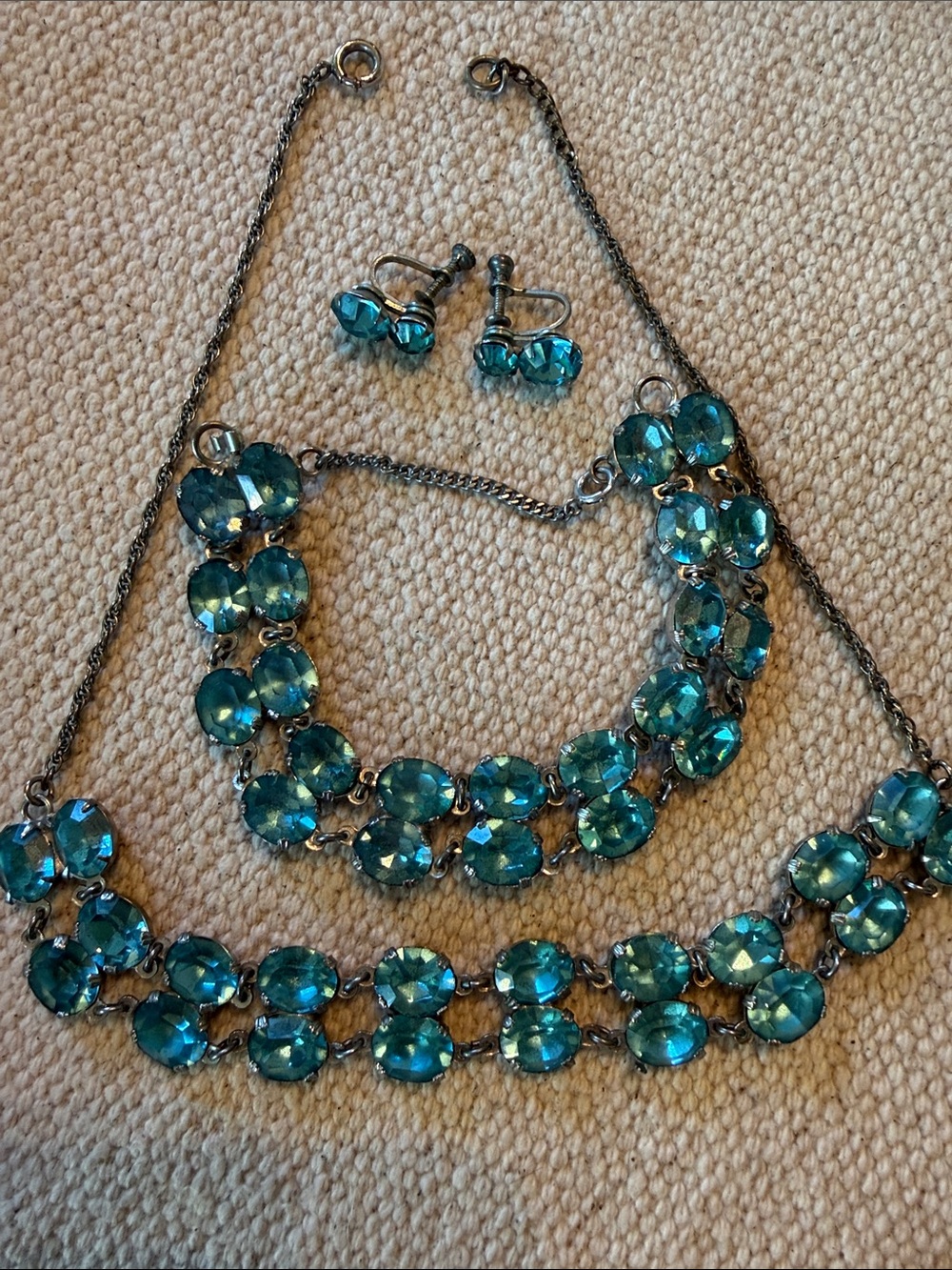 Teal Crystal Statement Necklace and Bracelet Set with Matching Earrings